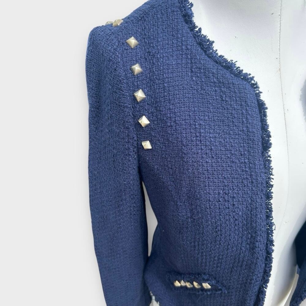 Zara Navy Tweed Frayed-Edge Blazer with Stud Accents - Picture 7 of 9